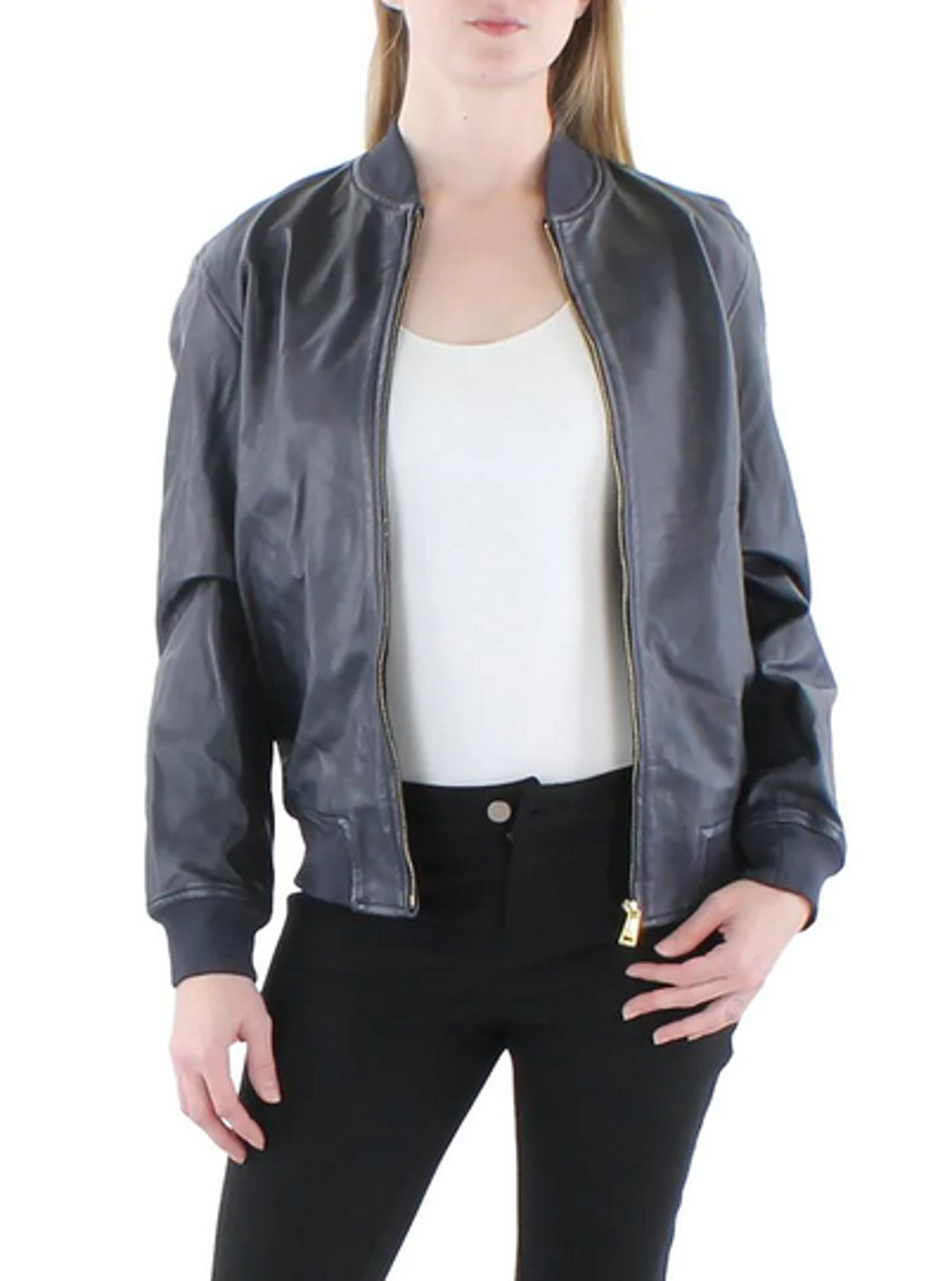 Lauren Ralph Lauren Womens Leather Warm Bomber Jacket Navy Size S 4432